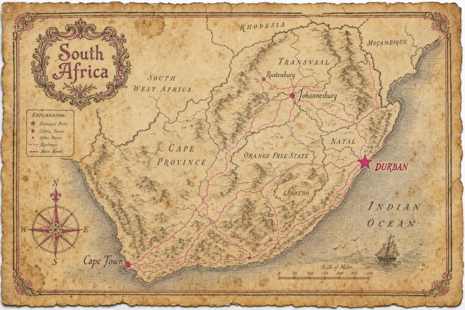 Hand-drawn antique map of South Africa with Durban marked